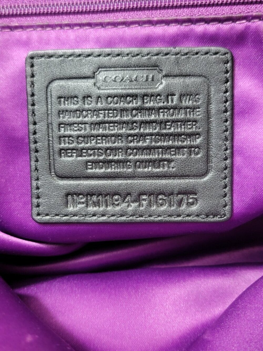 Coach Signature Sateen Tote Black Brown Large Shoulder Bag Purple Lining F16175 - Picture 11 of 11